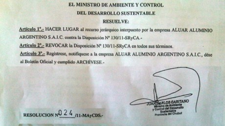 Aluar: divulgan documentación que desmiente a un funcionario