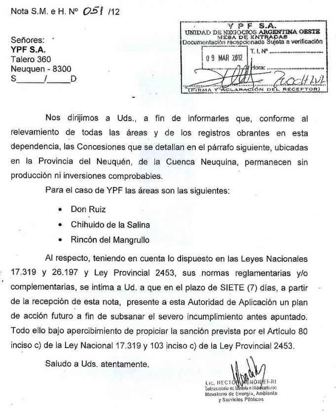 El gobierno neuquino intimó a YPF por la falta de inversión