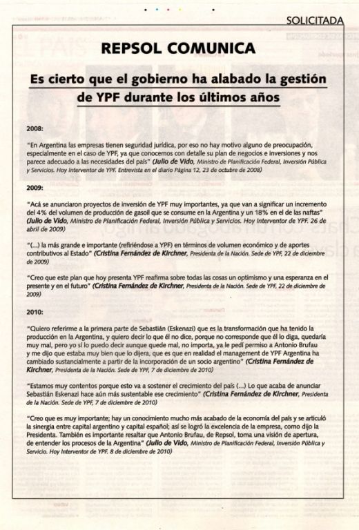La española Repsol publicó su cuarta solicitada tras la aprobación del Senado