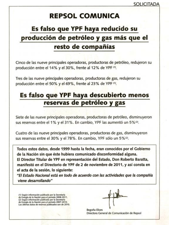 Repsol publicó una nueva solicitada en los diarios porteños