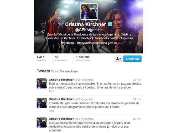 En Twitter, Cristina defendió su reforma de la Justicia