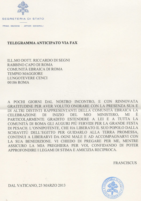 Francisco saludó a la comunidad judía por el inicio del Pesaj
