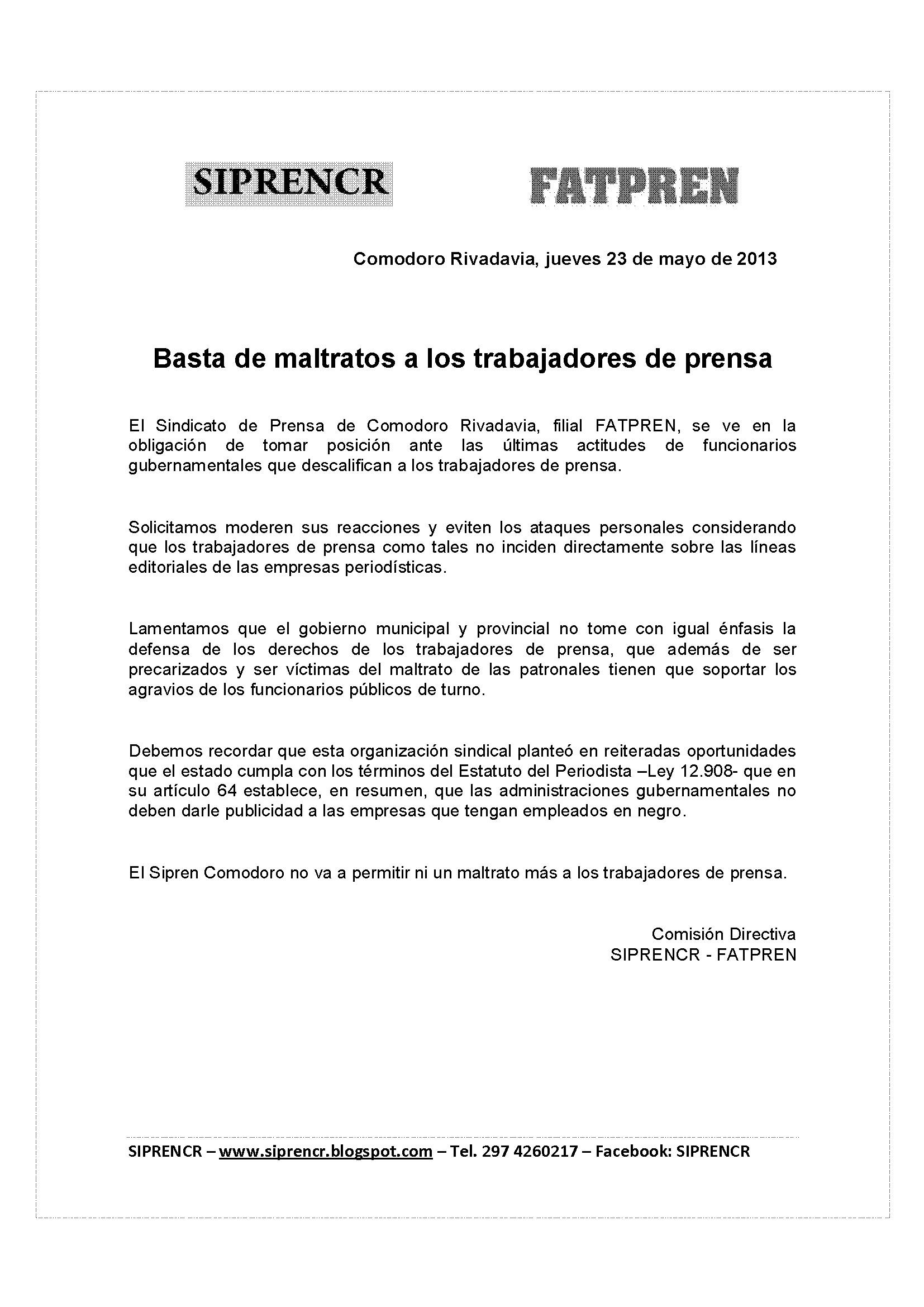 Sindicato de Prensa repudia maltrato a periodistas