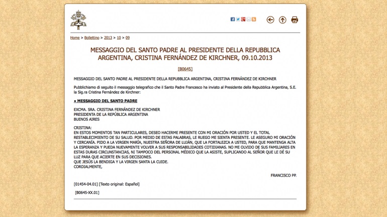 El telegrama del papa Francisco a la Presidente