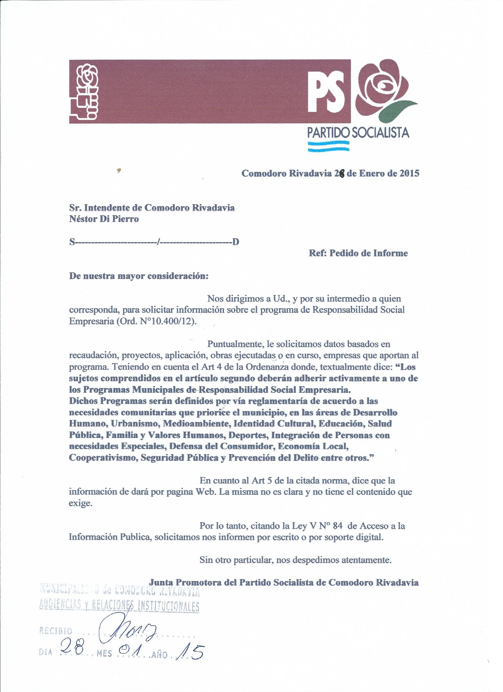 Socialismo pidió informes a Di Pierro sobre destinos de la RSE