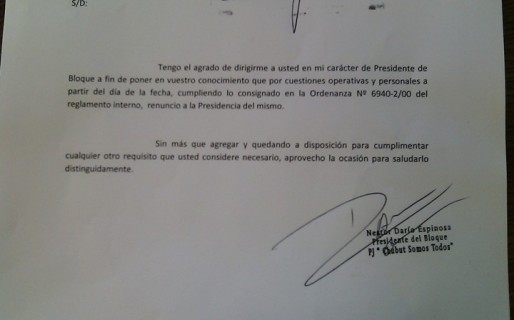 Espinosa renunció a la presidencia del Bloque del ChuSoTo