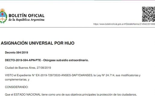 Ya es oficial el pago de 1.000 pesos para titulares de la AUH