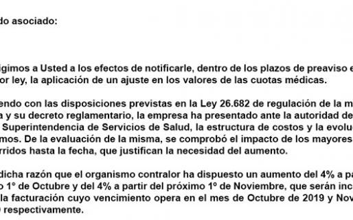Prepagas con retoque del 4% en octubre + 4% en noviembre