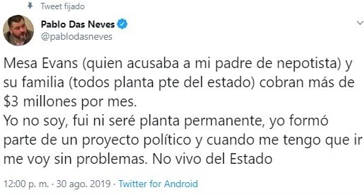 Pablo Das Neves acusó a Meza Evans y a toda su familia de vivir del Estado