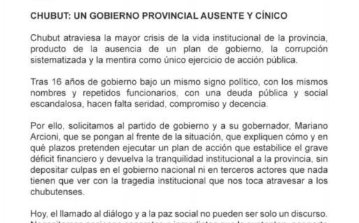 La UCR pidió al Gobierno del Chubut “un plan de acción” ante la crisis