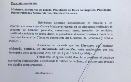 Massoni ordenó «descuentos masivos» a empleados  públicos