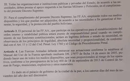 Bolivia: Decreto Supremo libra de responsabilidad penal a los militares y policías que la represión