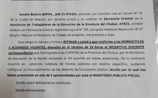 ATECh intimó a Provincia a depositar este miércoles el incentivo docente