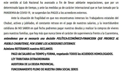 Estatales le piden a Arcioni que suspenda el pago de la deuda y sus intereses