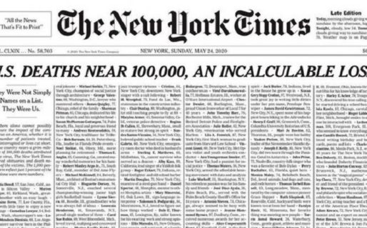 La impactante tapa de The New York Times por las muertes por coronavirus