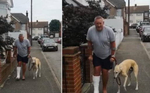 Hombre en muletas gasta dinero en rayos X para su perro ‘cojo’ y descubre que él solo lo imitaba