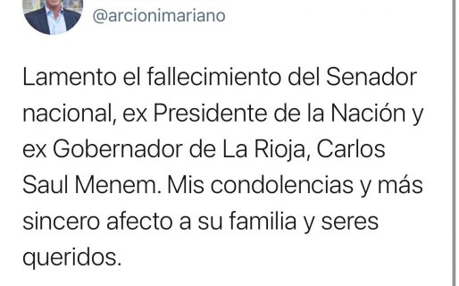 Arcioni despidió a Menem con un mensaje en Twitter