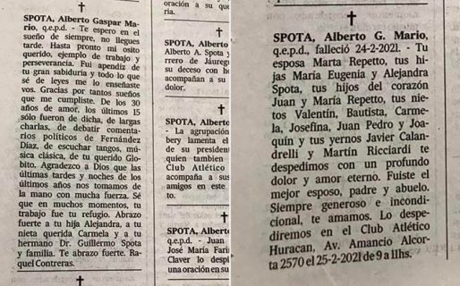 Murió un ex presidente del Club Huracán y su mujer y su amante se cruzaron en los avisos fúnebres