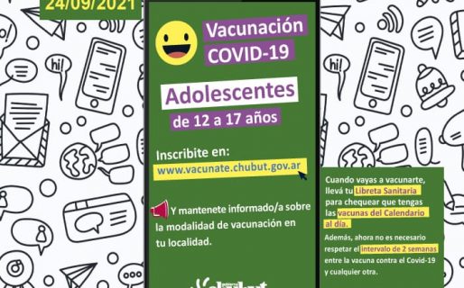 Chubut convoca a los adolescentes entre 12 y 17 años a vacunarse contra el Covid-19