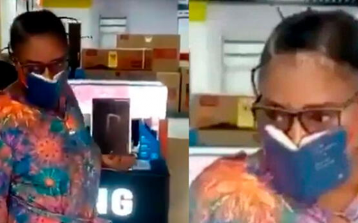 Una mujer se hizo un barbijo con una mini biblia