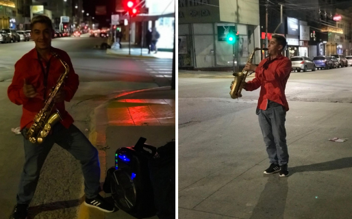 El joven que toca el saxo en la avenida San Martín para juntar plata y seguir viajando por el país