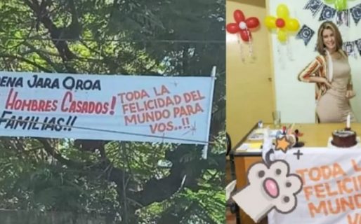 Le pusieron un pasacalles para acusarla de «roba maridos», bajó el cartel y lo usó en su festejo de cumpleaños