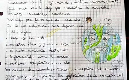 Un nene comodorense anti minería le envió una carta a Arcioni: «Por favor, ayúdeme a salvar lo que nos queda»