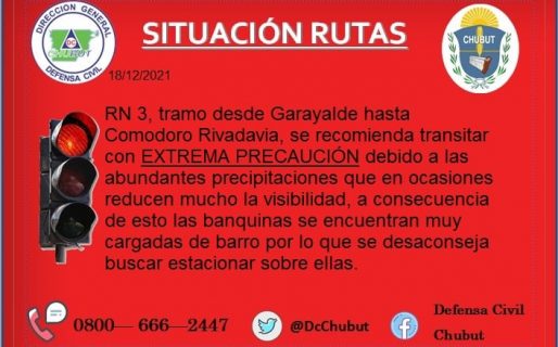 Defensa Civil recomienda transitar con extrema precaución en el tramo Garayalde- Comodoro Rivadavia