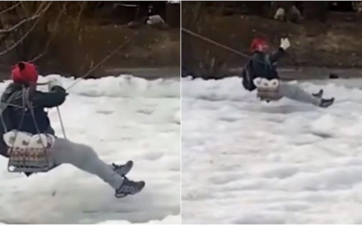 Río Mayo: Un vecino cruzó un río congelado en tirolesa para  socorrer a un abuelo