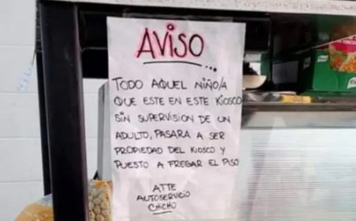 Insólito cartel: Niño sin supervisión »pasara a ser propiedad del kiosco y puesto a fregar el piso»