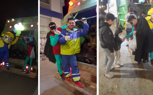 Recolectores comodorenses se disfrazaron y salieron a repartir caramelos y globos por el Día del Niño