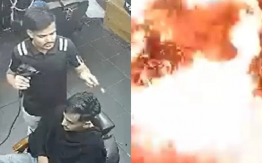 Un peluquero enciende el secador de pelo y le lanza fuego a su cliente