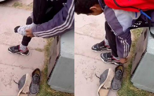 Un hombre vio que un nene tenía las zapatillas remendadas con cartón, se sacó las suyas y se las regaló