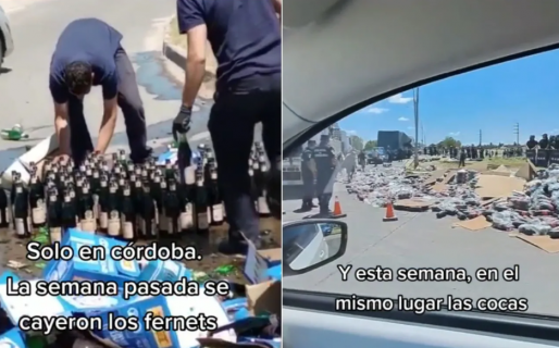 Volcó un camión con gaseosas y otro con botellas de fernet, en el mismo lugar,  y los vecinos se volvieron locos