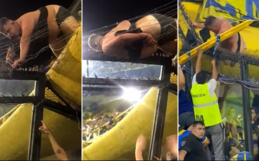El dramático momento en el que un simpatizante de Boca Juniors quedó atrapado en el alambre de púas en la tribuna