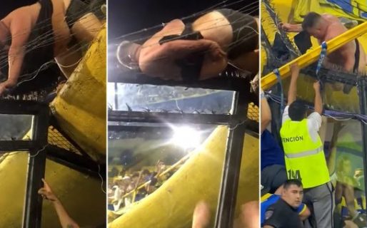 El dramático momento en el que un simpatizante de Boca Juniors quedó atrapado en el alambre de púas al intentar cruzar de tribuna en La Bombonera