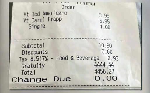 Compraron dos cafés por 10 dólares y les sumaron otros 4.444 de propina