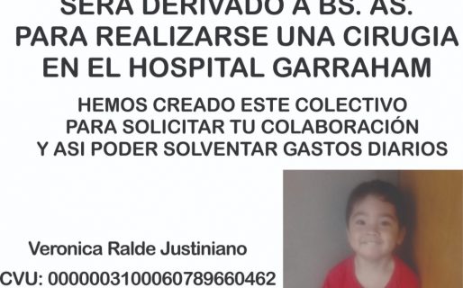 Comodoro solidario: Piden colaboración para un nene de dos años que necesita viajar al Hospital Garraham