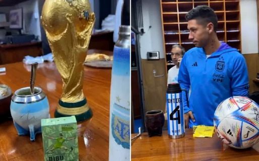 La broma de Dibu Martínez con Gonzalo Montiel en la utilería durante la concentración de la selección argentina