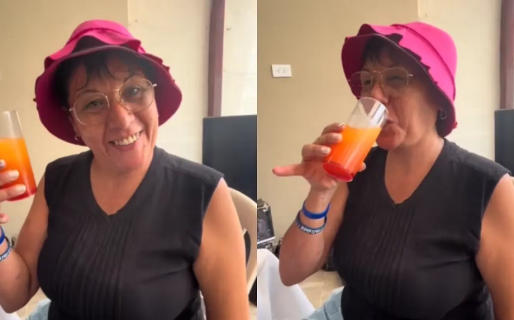 Mujer haciendo el trend de TikTok «Este es mi primer trago», termina de la peor manera