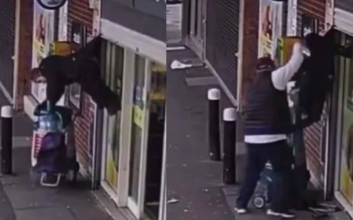 Una mujer quedó atrapada en las persianas de un local y el video se volvió viral