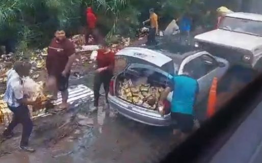 Volcó un camión con tetras de vino y la gente arrasó con la carga