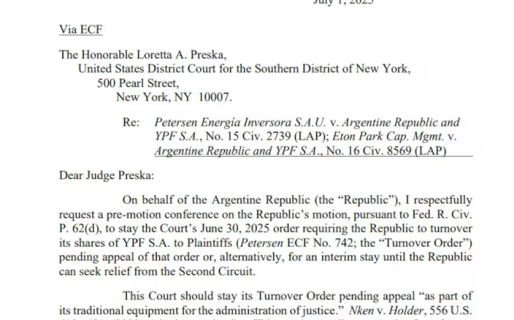 Caso YPF: el Gobierno presentó un escrito ante la justicia de EE.UU. para frenar el fallo de Preska