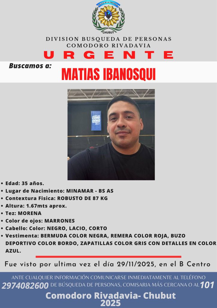 Tiene 35 años y fue visto por última vez el 29 de noviembre. La División Búsqueda de Personas solicita colaboración para dar con su paradero, luego de que se retirara de su domicilio en un Ford Ka.