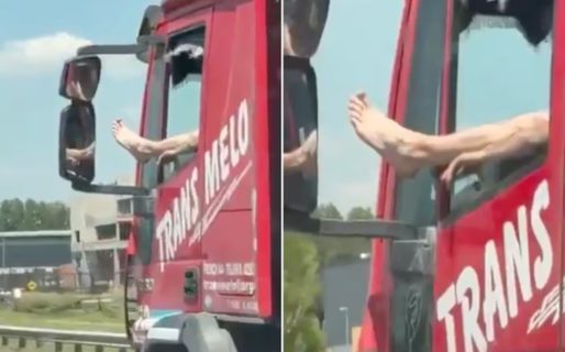 Un camionero fue grabado manejando con una mano y un pie fuera de la ventanilla