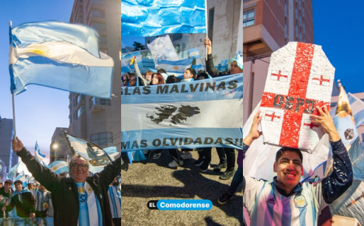 Malvinas en la piel, emoción total y fotos de los festejos en Comodoro: hasta hubo un ataúd de Inglaterra