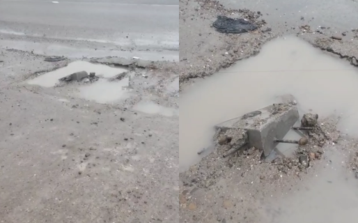 Alerta por un pozo anegado con hierro y concreto en la Avenida Lisandro de la Torre