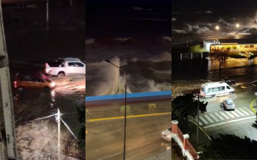 La marejada superó las defensas, inundó las calles del centro y un auto quedó varado