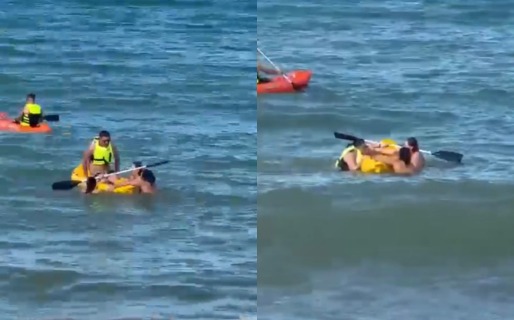 Cayó del kayak y no podía volver a subir: tres guardavidas entraron al agua para ayudarlo